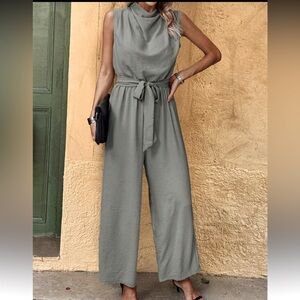 Sleeveless Belted Wide-Leg Jumpsuit - Sage Green